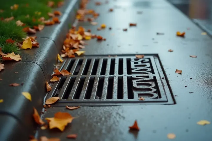 City pavement beside a kerb with a storm drain grate and wet fallen leaves after rain