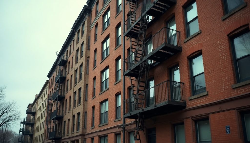 Facade of an older multi-storey brick apartment building with fire escapes on an overcast day