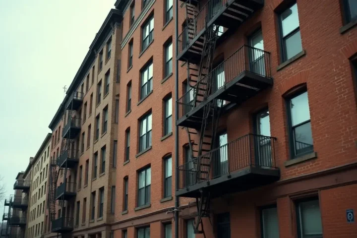 Facade of an older multi-storey brick apartment building with fire escapes on an overcast day