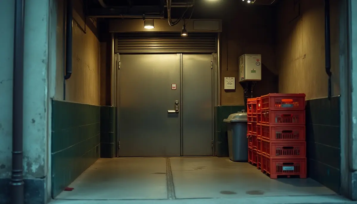 Rear service area of a restaurant with a steel back door, a bin and stacked red crates