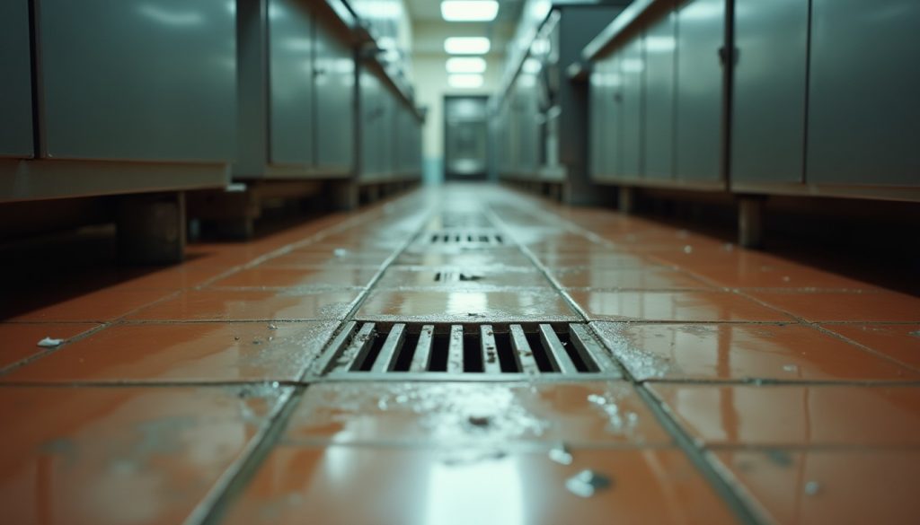 Stainless steel commercial kitchen floor drain and wet tiled floor under overhead lighting