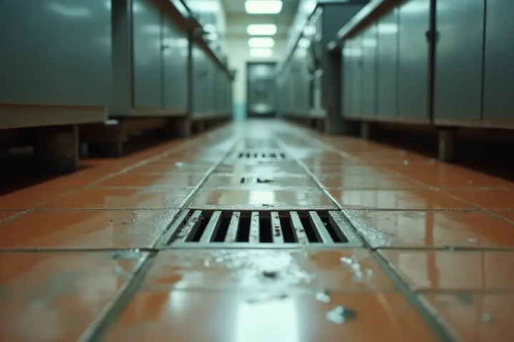 Stainless steel commercial kitchen floor drain and wet tiled floor under overhead lighting