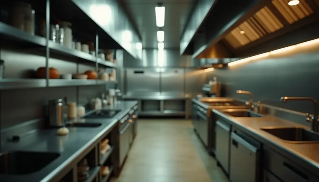 Empty commercial restaurant kitchen with stainless steel surfaces at the end of service