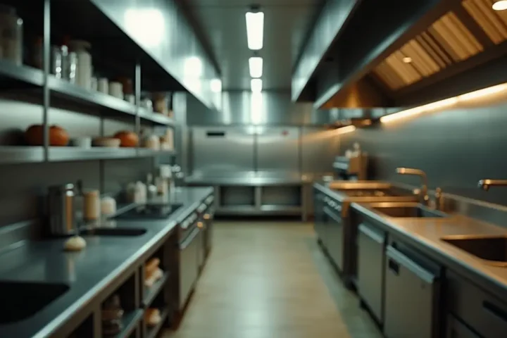 Empty commercial restaurant kitchen with stainless steel surfaces at the end of service