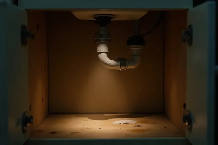 Inside a kitchen cabinet under a sink with pipes and a dark gap lit by a torch beam