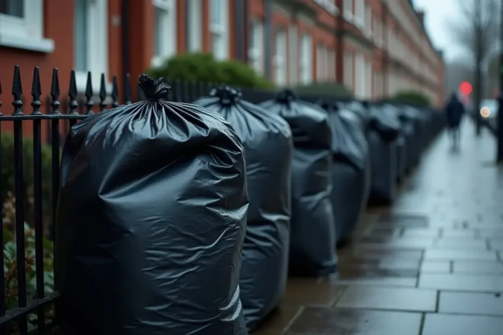 Black rubbish bags piled against an iron railing on a wet city pavement at dusk