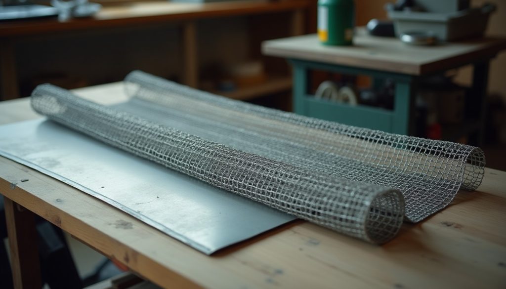 Galvanised steel hardware cloth mesh and sheet metal offcuts on a workbench
