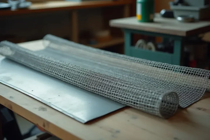 Galvanised steel hardware cloth mesh and sheet metal offcuts on a workbench