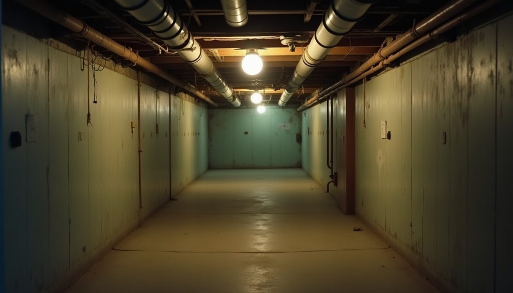 Basement service corridor of an older apartment building with exposed pipes and a bare bulb