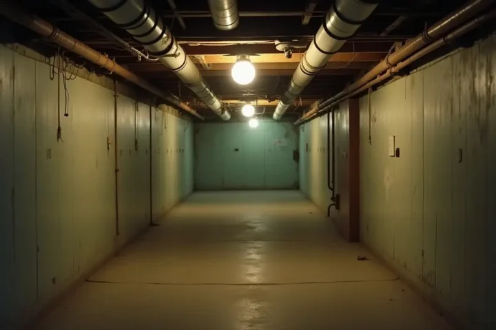 Basement service corridor of an older apartment building with exposed pipes and a bare bulb