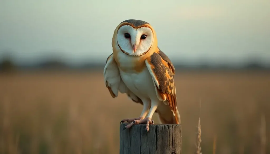 Barn owl perched on a weathered fence post at dusk in open grassland