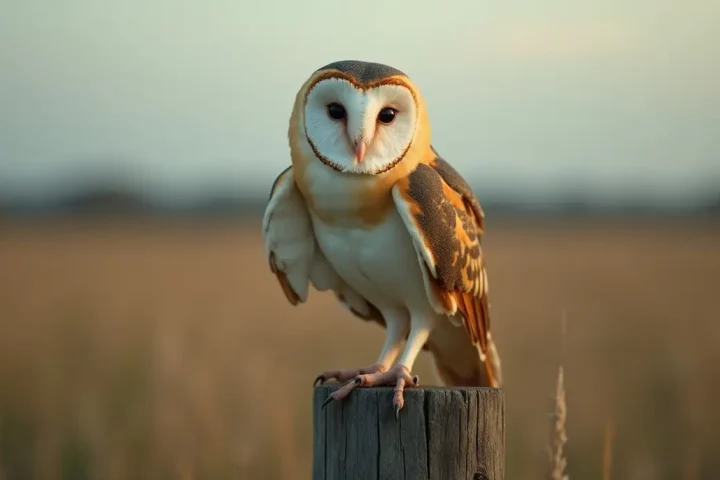 Barn owl perched on a weathered fence post at dusk in open grassland