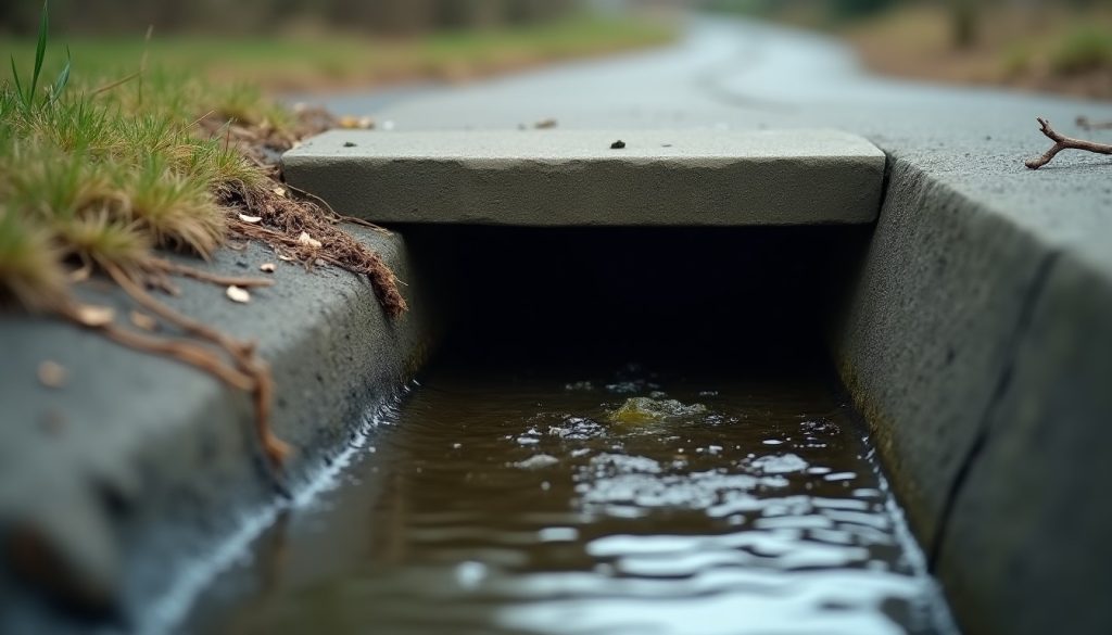 Concrete storm drain outfall discharging into a shallow creek