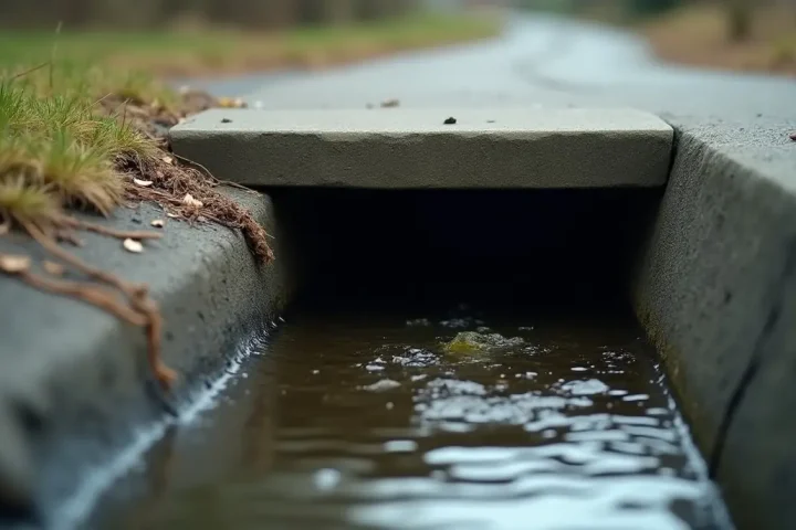 Concrete storm drain outfall discharging into a shallow creek