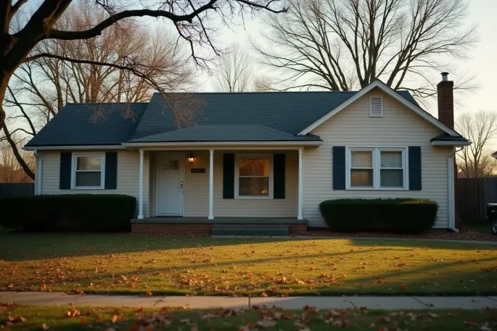 Suburban house exterior in autumn with fallen leaves and bare branches, the season rodents move indoors