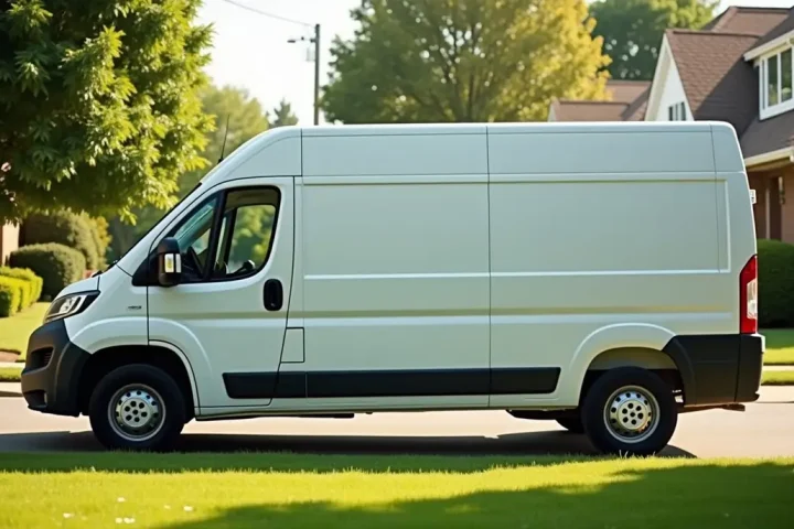 Plain white service van parked on a green suburban street on a summer morning