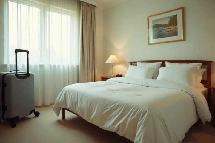 Made bed in a vacation rental bedroom with a suitcase standing beside it