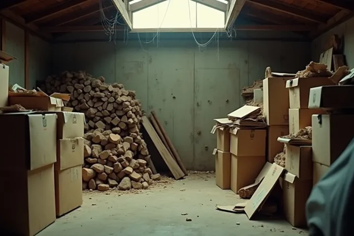 Cluttered garage corner with cardboard boxes, stacked firewood and cobwebs in the roof angle
