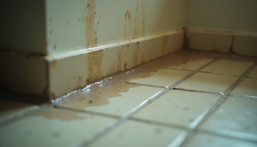 Damp bathroom corner where tiled floor meets skirting, with condensation on the surface