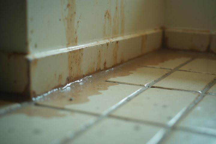 Damp bathroom corner where tiled floor meets skirting, with condensation on the surface