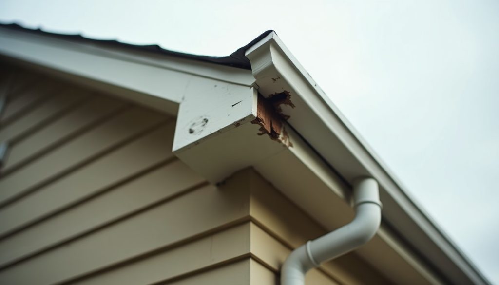 Roofline soffit and fascia junction of a suburban house with a gnawed gap at the corner
