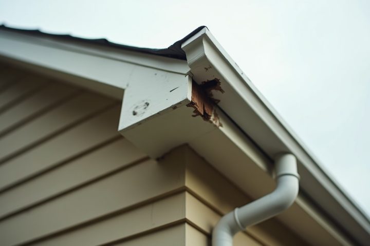 Roofline soffit and fascia junction of a suburban house with a gnawed gap at the corner