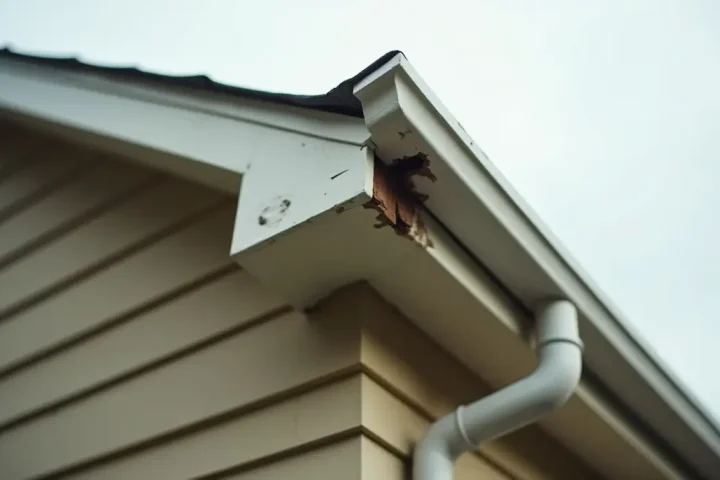 Roofline soffit and fascia junction of a suburban house with a gnawed gap at the corner