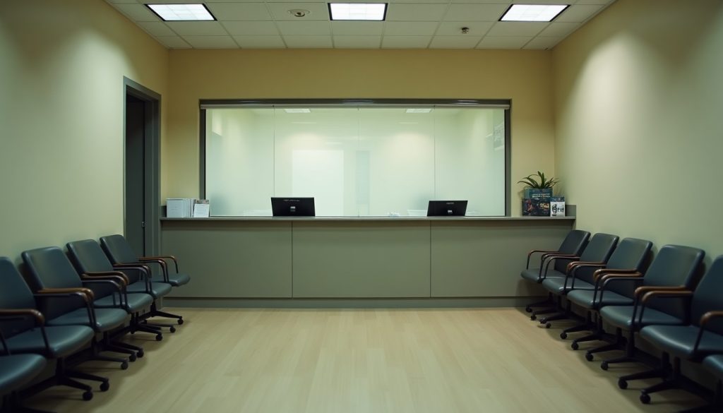 Plain government office counter with a closed service window and empty waiting chairs