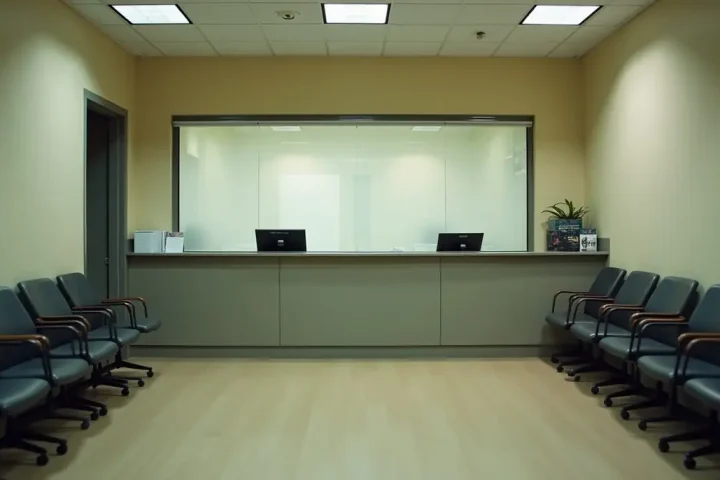Plain government office counter with a closed service window and empty waiting chairs