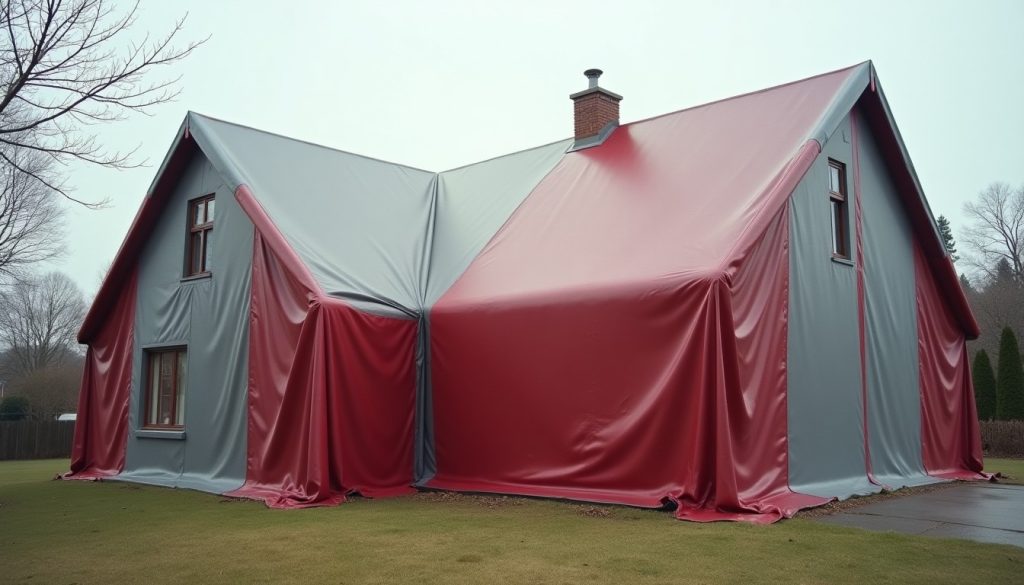 House covered in a plain fumigation tent on a suburban lot in bright daylight