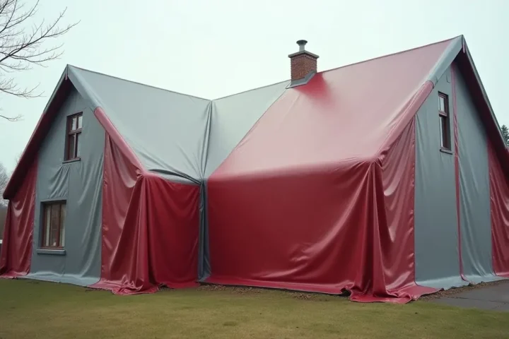 House covered in a plain fumigation tent on a suburban lot in bright daylight