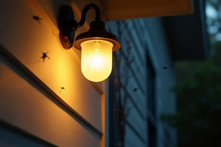 Porch light glowing at dusk against a house wall with small flying insects circling it