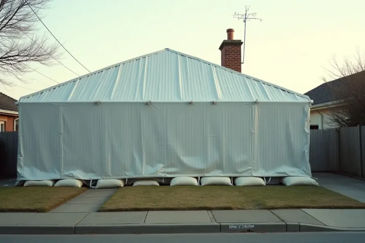 Suburban house covered by a fumigation tarpaulin secured with sandbags during termite tenting