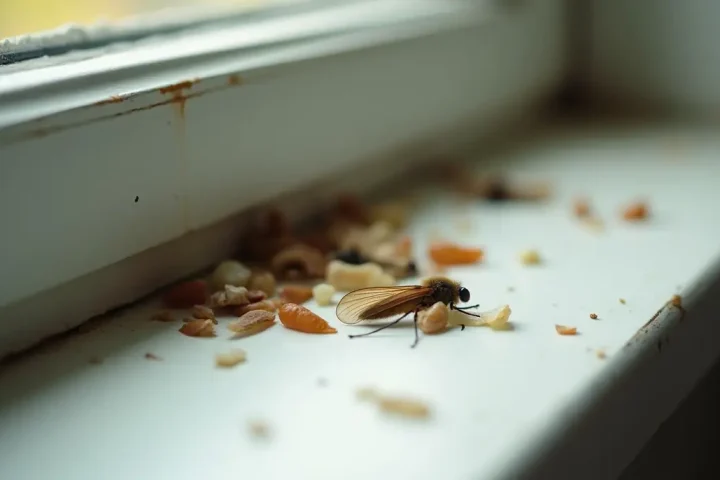 Discarded insect wings and debris on a painted windowsill, the diagnostic sign of a termite swarm