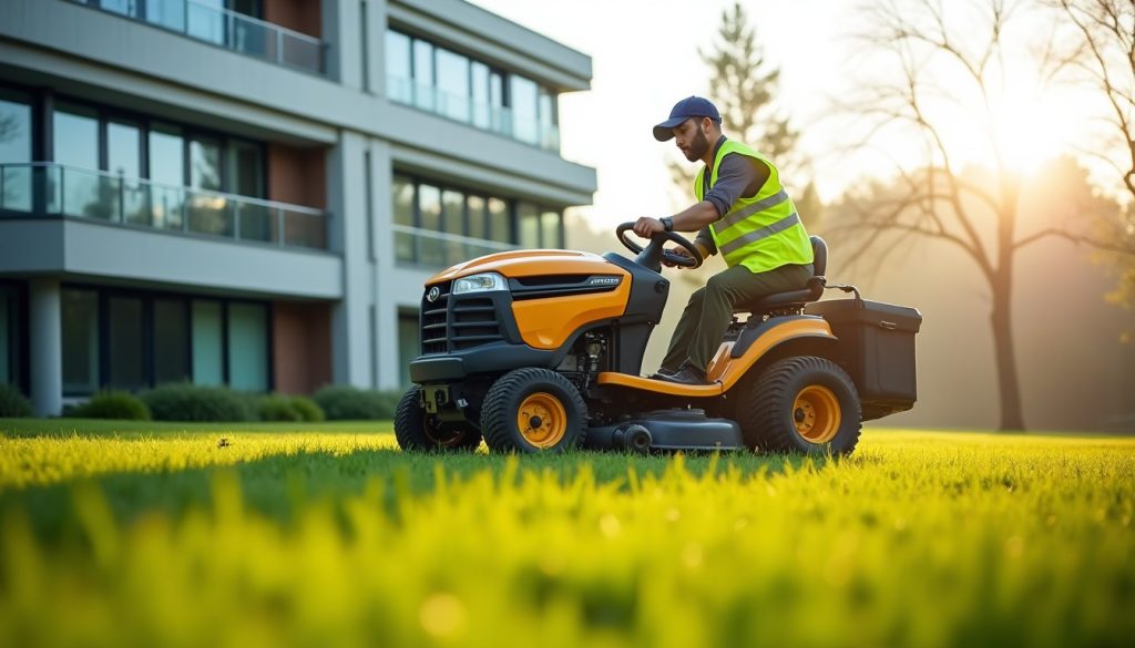 Landscaper in a high-visibility vest mowing a commercial lawn beside an office building