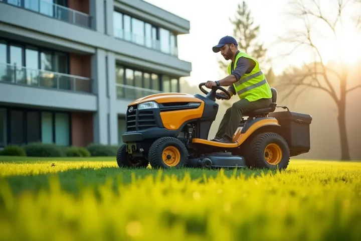 Landscaper in a high-visibility vest mowing a commercial lawn beside an office building