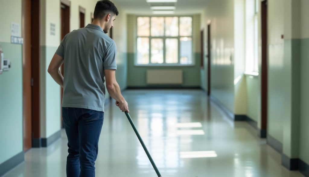 School custodian mopping a corridor floor