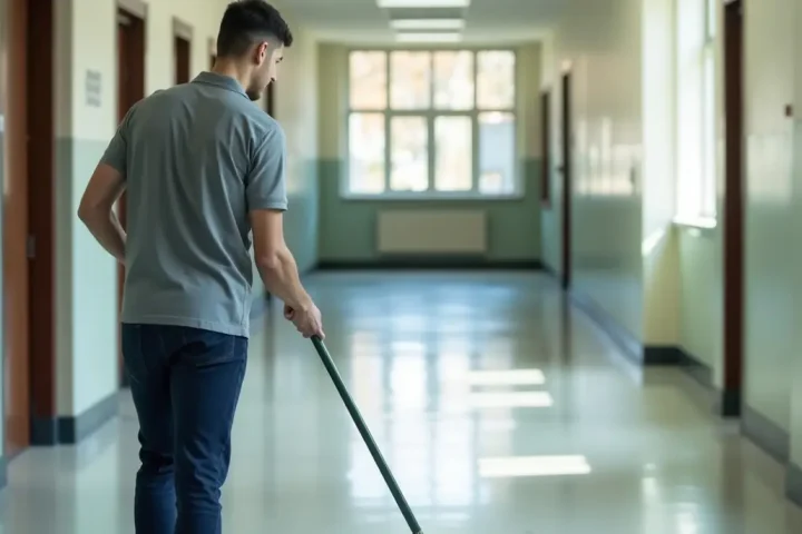 School custodian mopping a corridor floor