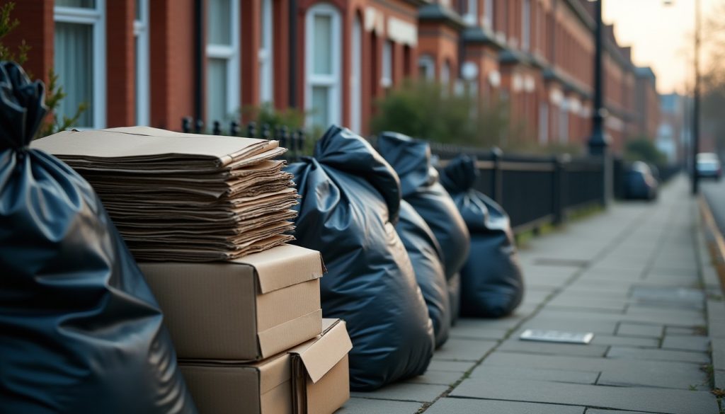 Rubbish bags and flattened cardboard piled at a city kerb outside brick row houses in early morning