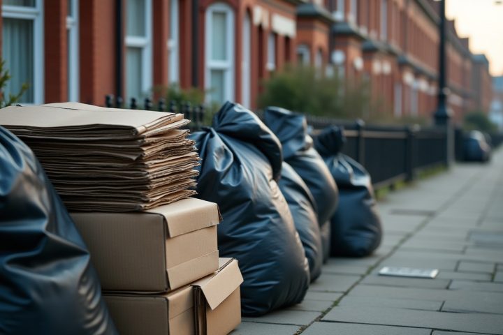 Rubbish bags and flattened cardboard piled at a city kerb outside brick row houses in early morning