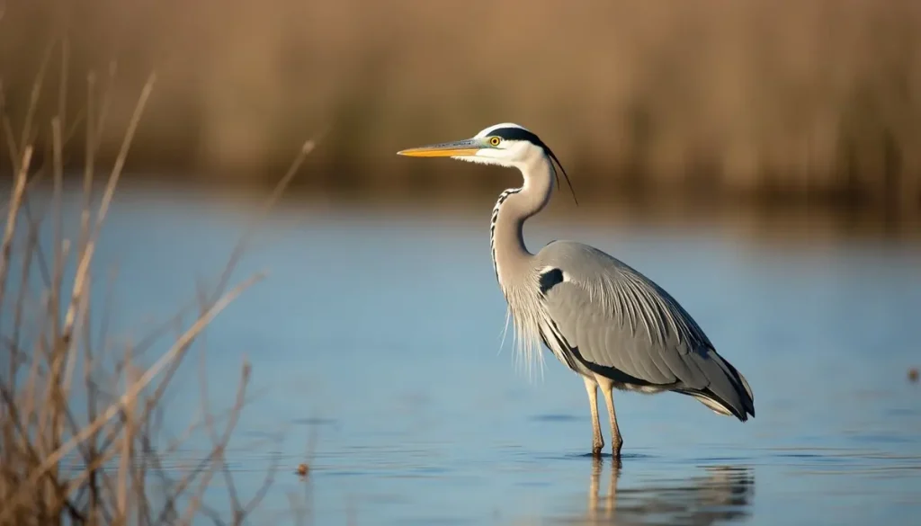 Grey heron standing in shallow water at the edge of a reed bed