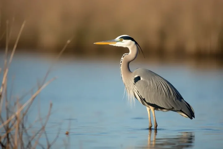 Grey heron standing in shallow water at the edge of a reed bed