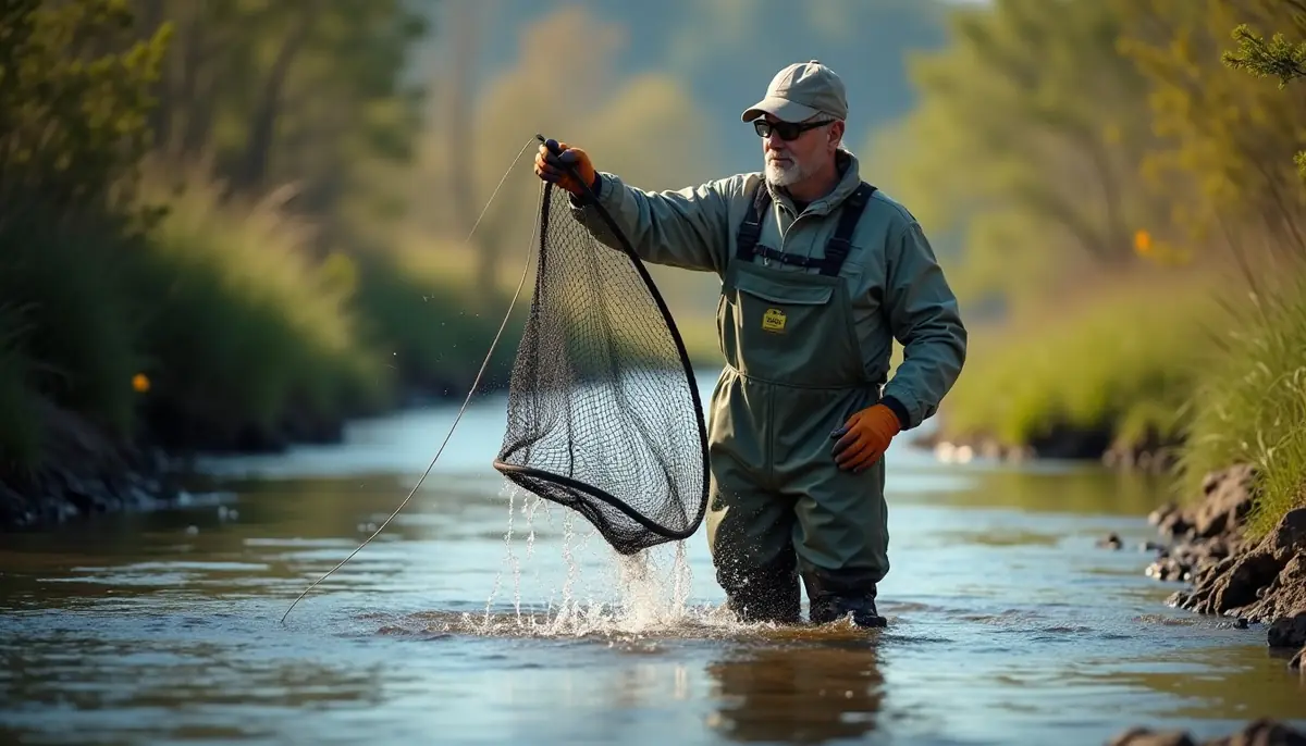 Biologist in waders holding up a kick net above a stream