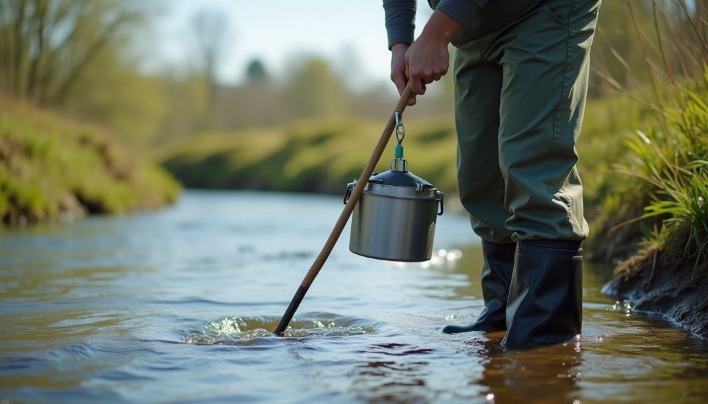 Field scientist in waders dipping a sampling cup on a pole into a river