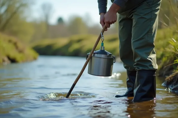 Field scientist in waders dipping a sampling cup on a pole into a river