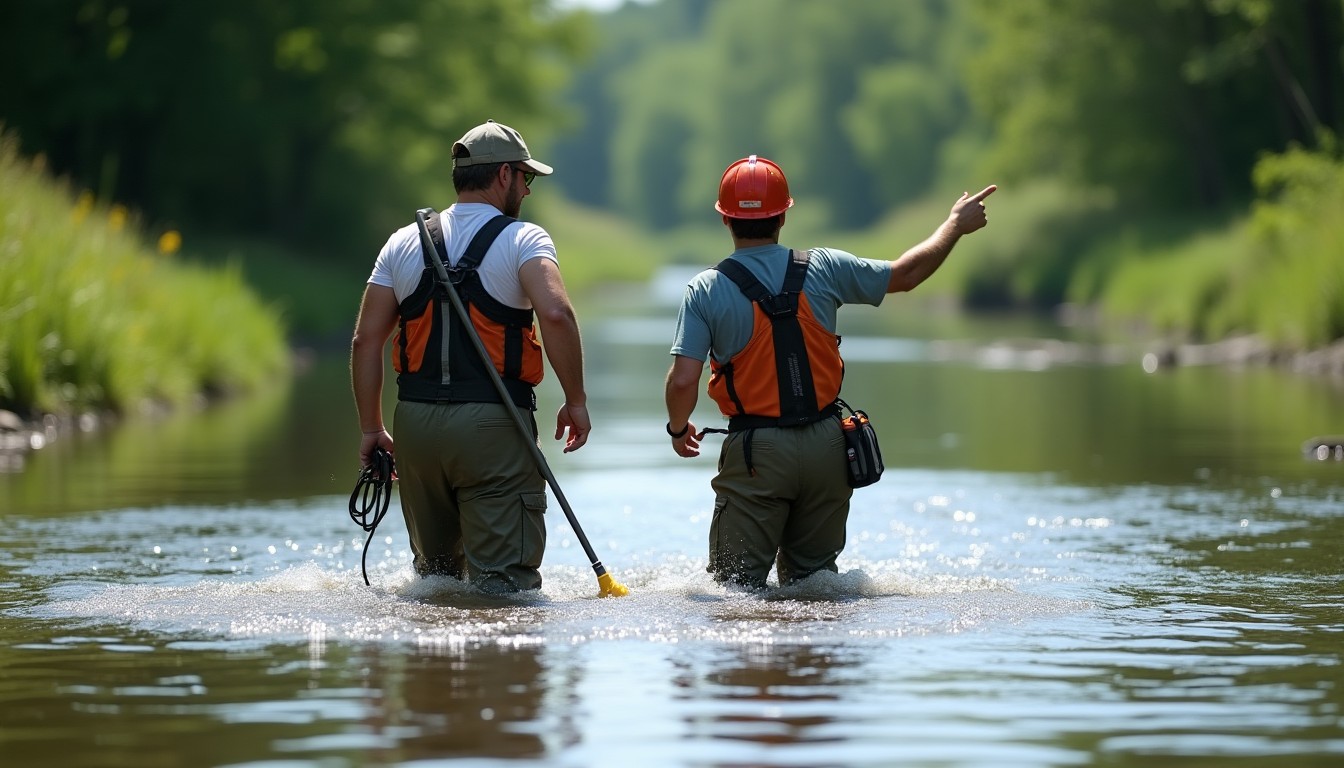 Two field technicians in waders crossing a shallow river