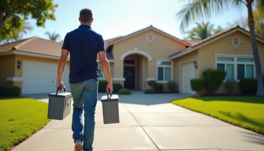 Tradesman carrying toolboxes up the driveway of a stucco house