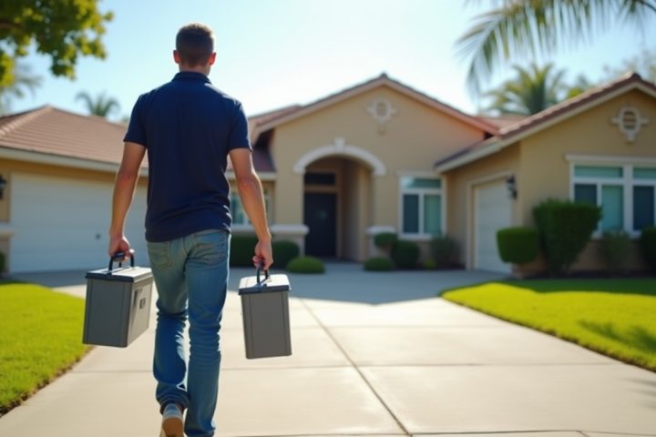 Tradesman carrying toolboxes up the driveway of a Californian stucco house