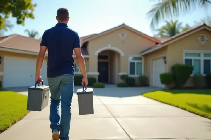 Tradesman carrying toolboxes up the driveway of a Californian stucco house
