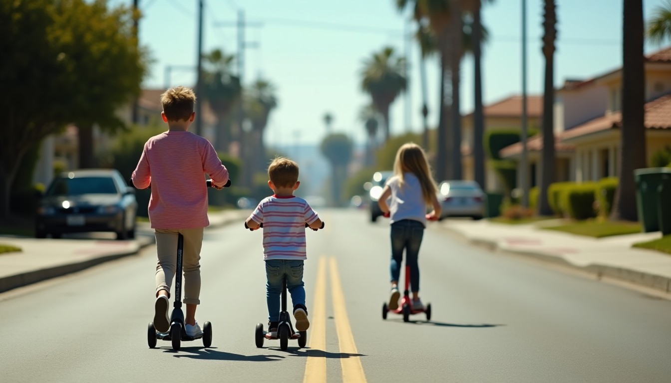 Children riding scooters down a palm-lined Californian street